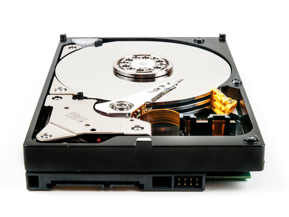 A hard disk drive on a white surface