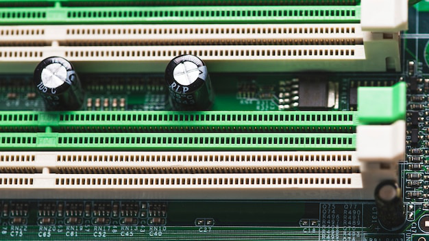 Close-up of computer RAM on a motherboard.