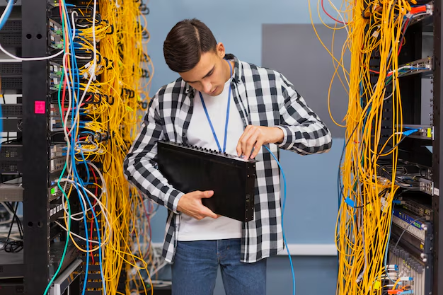 A man holding a piece of network equipment