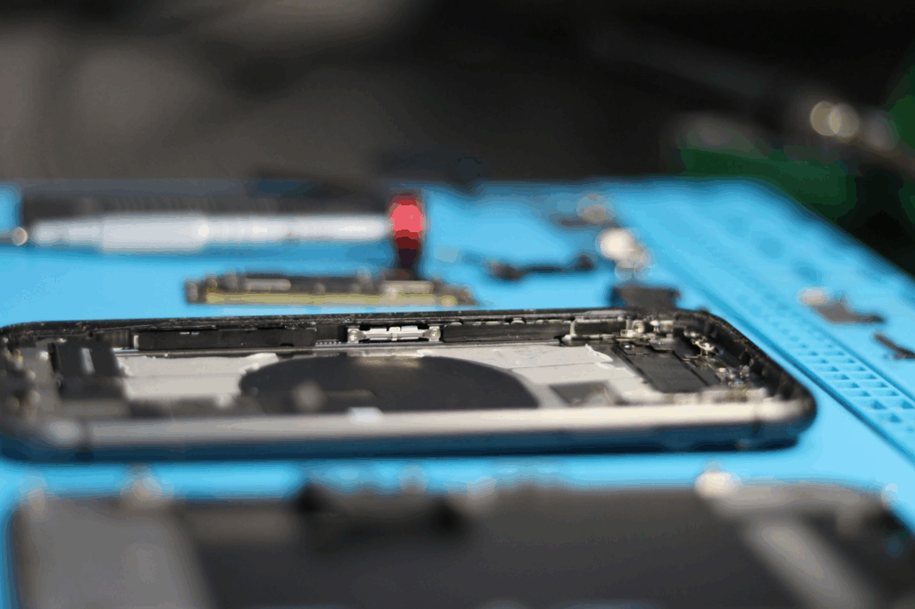 A phone laid out for battery repair. 