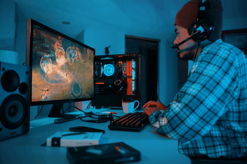 A person working on a gaming PC. 