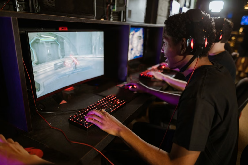 A person playing a video game on a PC